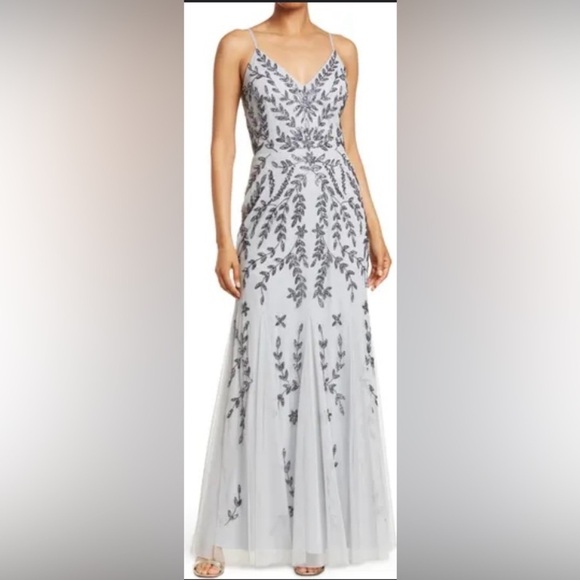 Marina mesh beaded and sequined  gown on light slightly blue tinted gray. Size 6 - Picture 1 of 8
